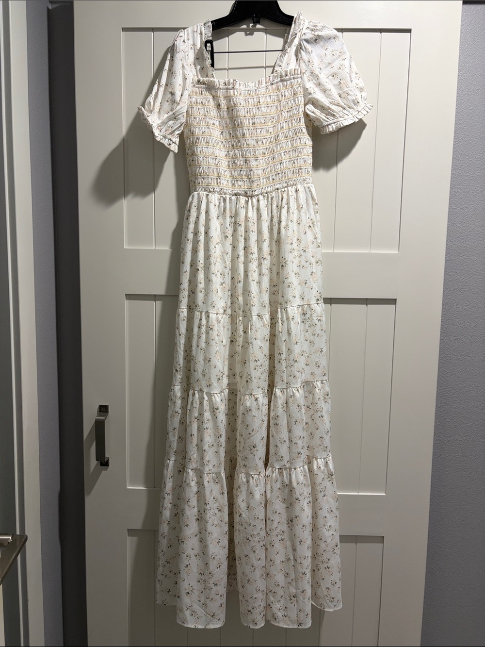 Smocked Ivory Floral Maxi Dress with Puff Sleeves